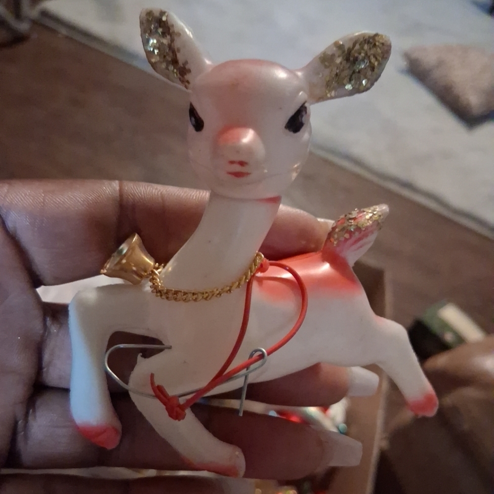 Vintage Pink Reindeer Ornament Hong Kong 60s